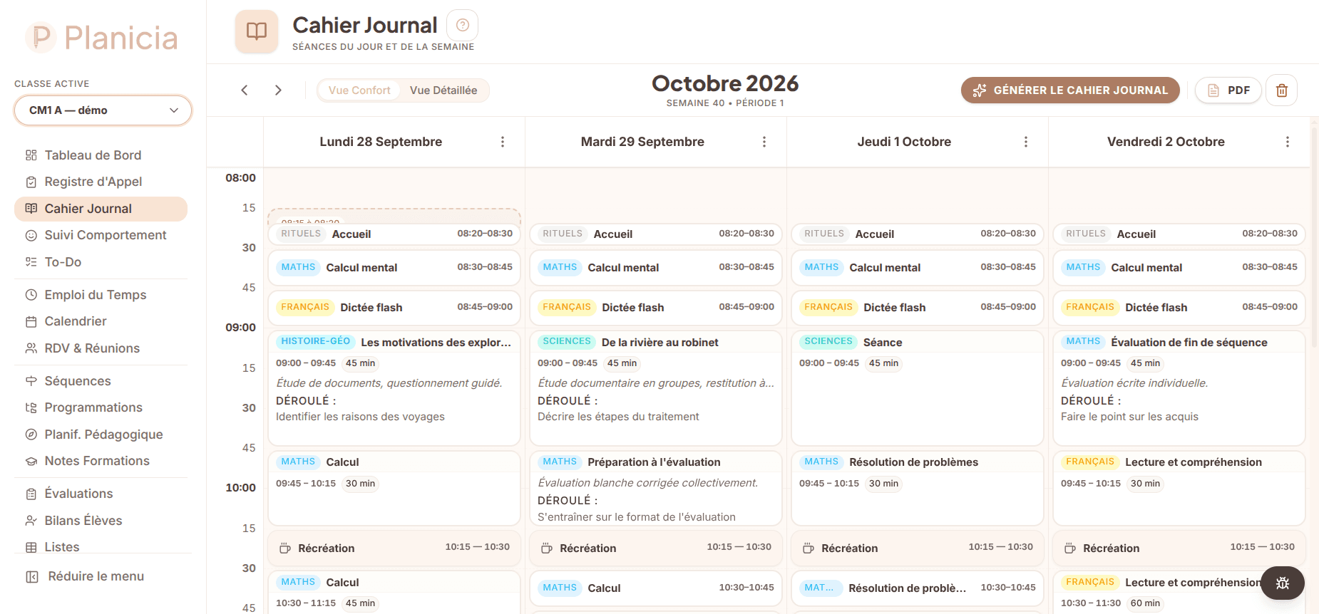 Cahier Journal Planicia rempli automatiquement à partir de la Planification Pédagogique